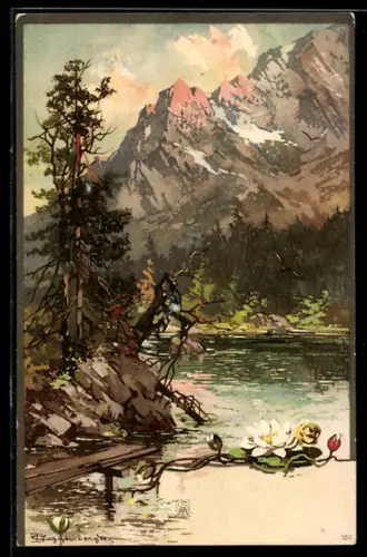 Künstler-AK Theodor Guggenberger: Idyllische Berglandschaft mit See
