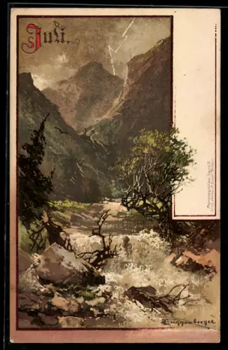 Künstler-AK T.Guggenberger: Monat Juli, Wasserfall mit umgekippten Bäumen, Äste