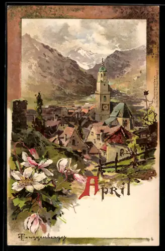 Künstler-AK Theodor Guggenberger: April, Ort mit Bergen, Allegorie