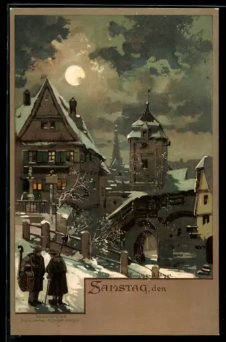 Künstler-AK Theodor Guggenberger: Samstag, Ortspartie im Winter