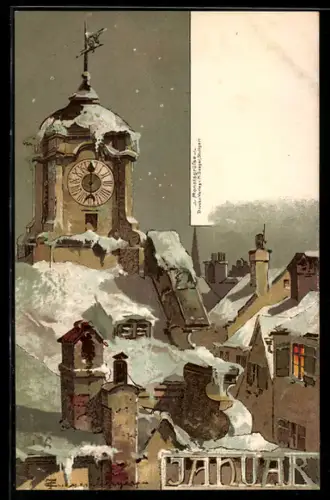 Künstler-AK Theodor Guggenberger: Januar, Partie aus einem Ort im Winter, Kirche