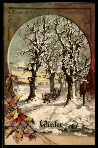 Künstler-AK Theodor Guggenberger: Winter, Holzfuhre im Wald