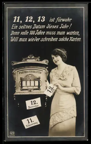 AK Frau an Briefkasten, 11.12.13, ein seltenes Datum