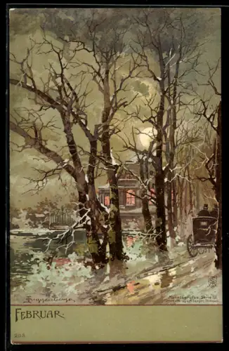 Künstler-Lithographie Theodor Guggenberger: Allegorie Monat Februar, Schloss, Pferdekutsche