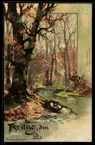 Künstler-AK Theodor Guggenberger: Angler an einem Flüsschen in idyllischer Herbstlandschaft