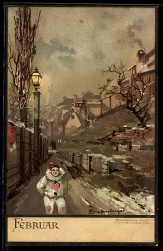 Künstler-AK T.Guggenberger: Februar, Harlekin läuft Weg in einer Ortschaft entlang