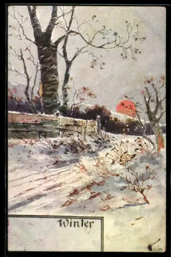 Künstler-AK Winter, Sonnenuntergang in einem verschneiten Ort