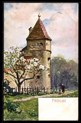 Künstler-AK August Splitgerber: Zwei Personen beim Spaziergang durch die Frühlingslandschaft