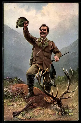 Künstler-AK Jäger mit seinem erlegten Hirsch