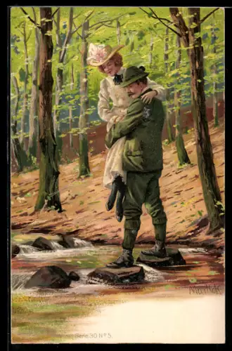 Künstler-AK Alfred Mailick: der Jäger trägt seine Frau über den Fluss