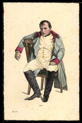 Künstler-AK Napoleon in nachdenklicher Pose auf einem Stuhl