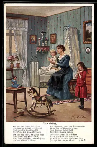 AK Schaukelpferd im Kinderzimmer, Familie beim Gebet