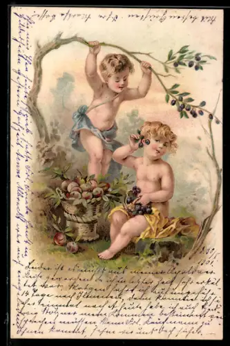 Lithographie Zwei Kinder unter einem Pflaumenbaum