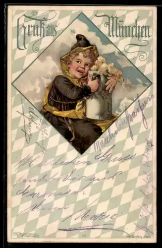 AK Münchner Kindl mit einem riesigen Bierkrug