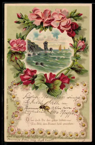 AK Biene und von Blumen umwebtes Landschaftsmotiv