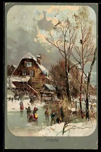 AK Januar, Winterliche Landschaft mit Bauern am Bach, Allegorie