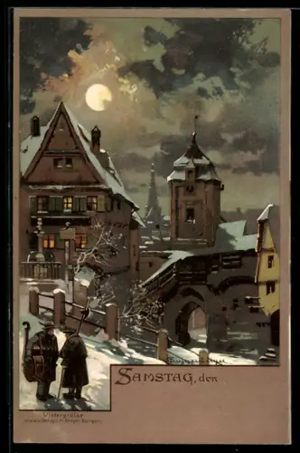 Künstler-AK Theodor Guggenberger: Samstag, Ortspartie im Winter