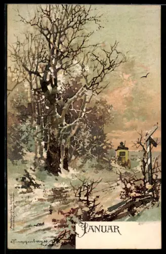 Künstler-AK Theodor Guggenberger: Kutscher auf verschneiter Strasse im Januar