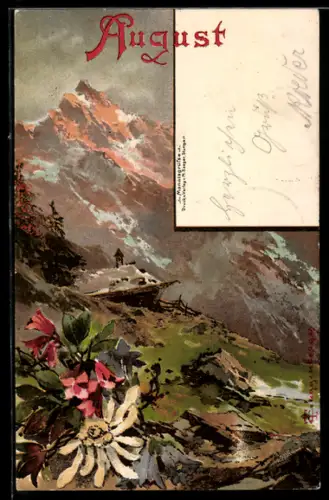 Künstler-AK Theodor Guggenberger: Gebirgslandschaft mit Edelweiss - August