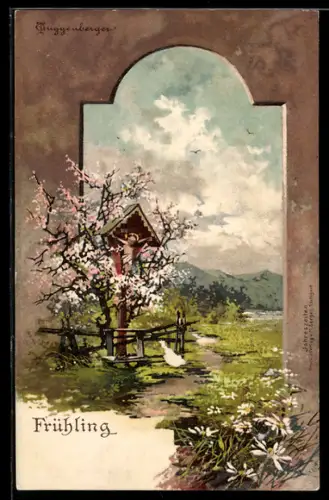Künstler-AK T.Guggenberger: Frühling, Flurkreuz am Wegesrand