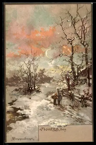 Künstler-AK T.Guggenberger: Winterliches Motiv aus einer Ortschaft