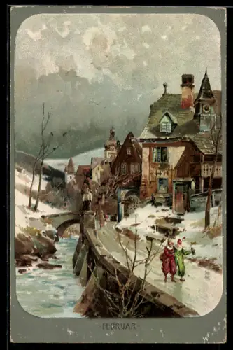 AK Februar, Winterliche Landschaft mit zwei Harlekins, Allegorie
