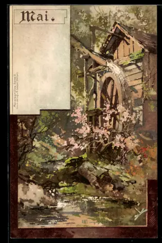 Künstler-Lithographie Theodor Guggenberger: Mai, Idyll mit Wassermühle
