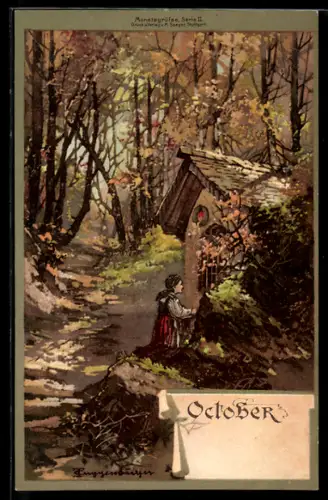 Künstler-AK T.Guggenberger: October, betende Frau im Wald, Allegorie