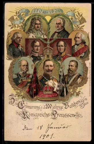 Lithographie Königreich von Preussen, 200jähriges Bestehen, 1701-1901, Friedrich I., Friedrich Wilhelm III.