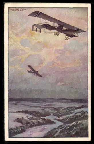 Künstler-AK Hans Rudolf Schulze: Flugzeuge Doppeldecker auf Erkundungsflug über dem Argonnerwald