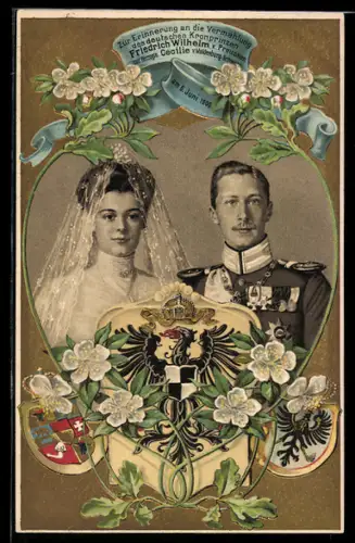 AK Kronprinz Wilhelm von Preussen mit Herzogin Cecilie v.Meklenburg-Schwerin, Erinnerung a.d.Vermählung 1905, Wappen