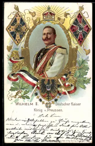 Lithographie Kaiser Wilhelm II. in Uniform mit Epauletten, gerahmte Ansicht