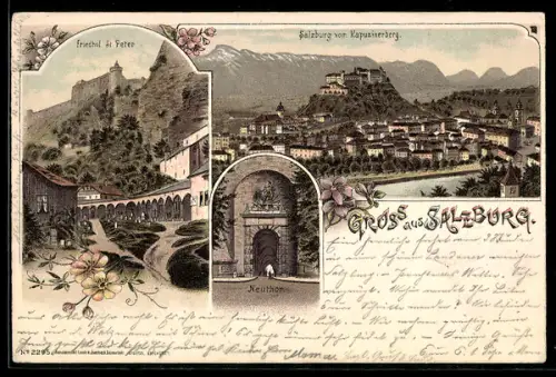 Lithographie Salzburg, Blick zum Ort vom Kapuzinerberg, Neutor, Friedhof St. Peter