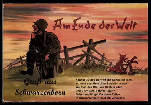 AK Schwarzenborn, Soldat sitzt neben einem Fuchs und Hasen