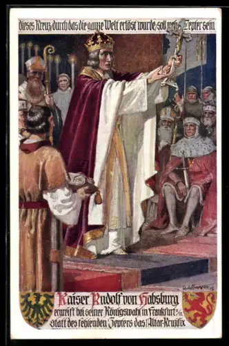 Künstler-AK Richard Assmann: Frankfurt, Kaiser Rudolf von Habsburg ergreift das Altar-Kruzifix, Wappen