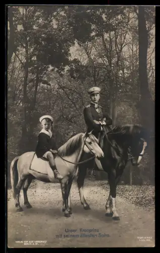 AK Kronprinz Wilhelm von Preussen zu Pferd mit seinem ältesten Sohn zu Pony