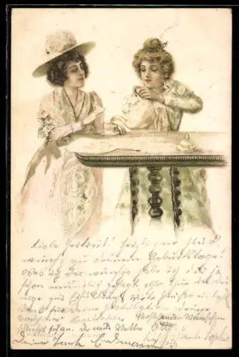 Künstler-AK Dame mit Hut beim Kaffeeklatsch mit ihrer Freundin
