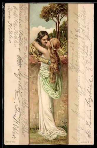 Lithographie Kuss über Mauer hinweg, Jugendstil