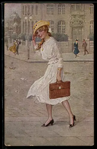 Künstler-AK R. Borrmeister: Junge Frau bei starkem Wind auf der Strasse