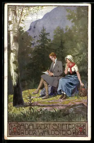 Künstler-AK Ernst Kutzer: Adalbert Stifter-Karte Nr. 25, Der Waldsteig, Dichter mit Frau