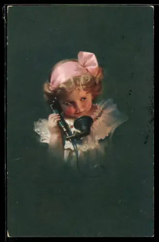 Künstler-AK Mädchen mit Haarband am Telefon