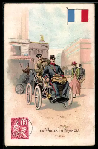 AK Frankreich, Briefträger fährt mit einem Auto, Briefmarke, Fahne