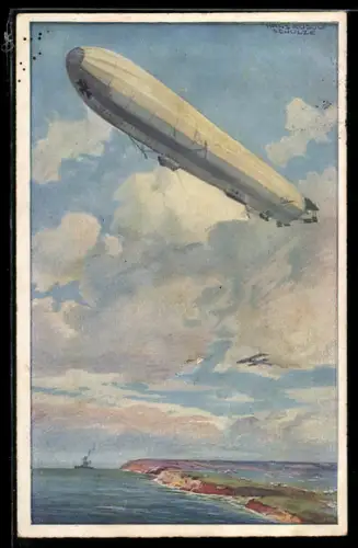 Künstler-AK Hans Rudolf Schulze: Zeppelin wacht an deutscher Ostseeküste