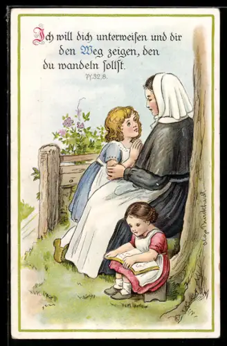 Künstler-AK Sinnspruch, Ordensschwester zeigt Mädchen den richtigen Weg