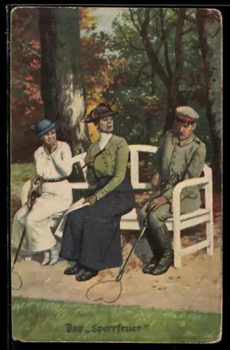 Künstler-AK Arthur Thiele: Soldatenhumor, Das Sperrfeuer, Anstandsdame sitzt zwischen Soldat und Mädchen