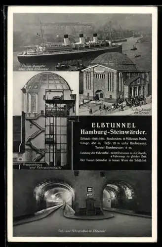 AK Hamburg-St. Pauli, Elbtunnel, Steinwärder, der Ocean-Dampfer über dem Elbtunnel, Treppenhaus und Fahrstuhlschacht