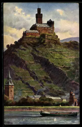 Künstler-AK Heinrich Hoffmann: Marksburg, Blick vom Rheinufer zur Burg