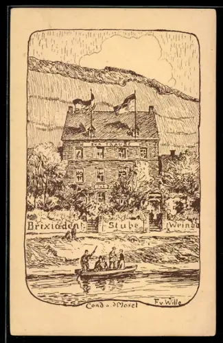 Künstler-AK Cond a. d. Mosel, Brixiadenstube, Gasthaus Zur Traube