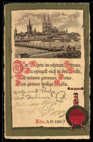 Lithographie Köln, Blick über den Rhein zum Dom