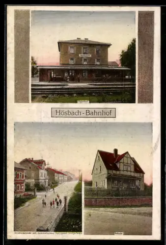 AK Hösbach, Partie am Bahnhof, Geschäftshaus Josef Steigerwald, Schule